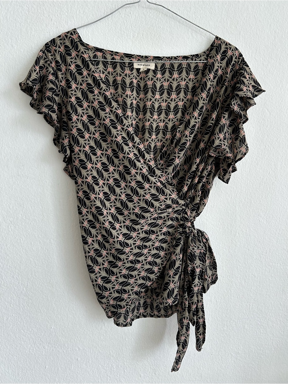Madewell Black Wrap Blouse with Pink Geometric Motif